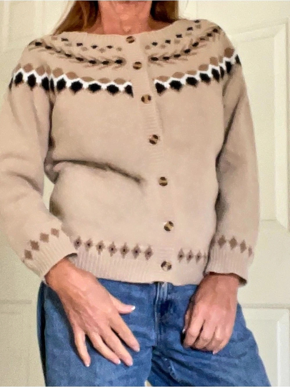 Women's Fair Isle Geometric Cardigan Beige & Black Size Medium